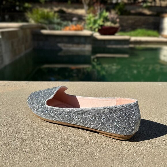 New Diamante Silver Rhinestone Crystal Loafer Ballet Flat Ballerina Shoe Slip-On - Picture 5 of 6